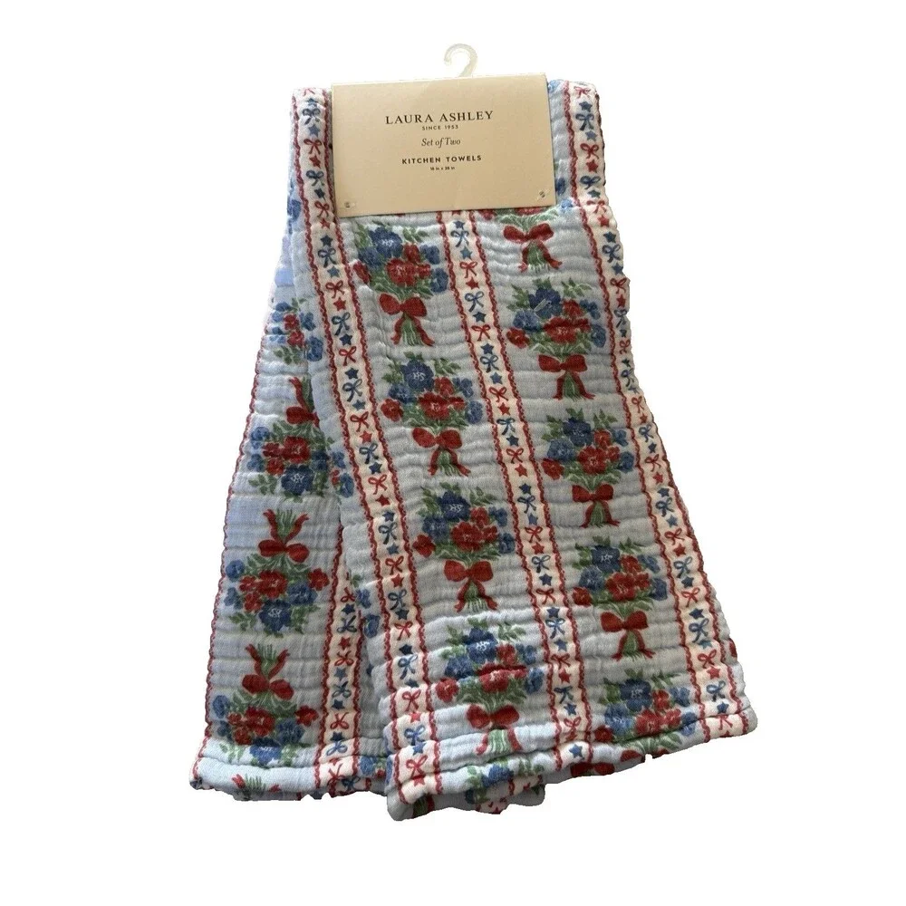 Laura Ashley Kitchen Dish Towels Blue Red Floral 100% Cotton Gauze Set of 2